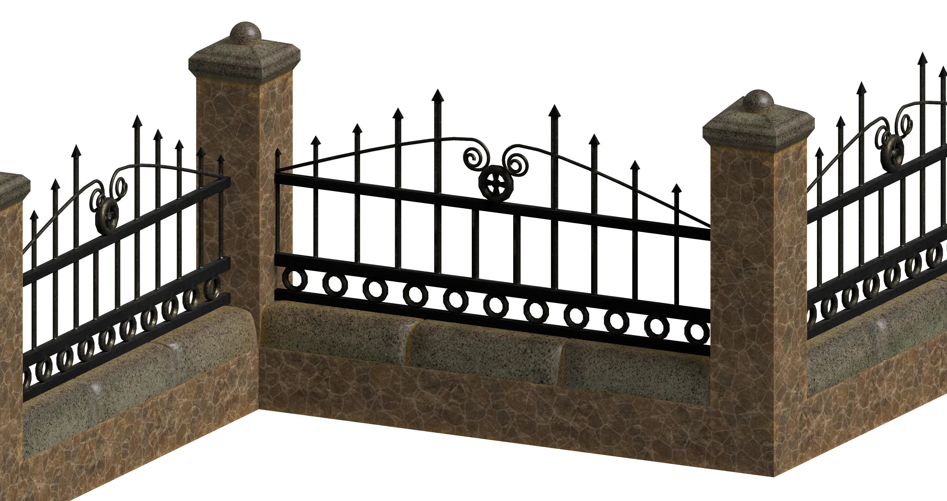 Brick and concrete wall fence set Low-poly 3D model_1