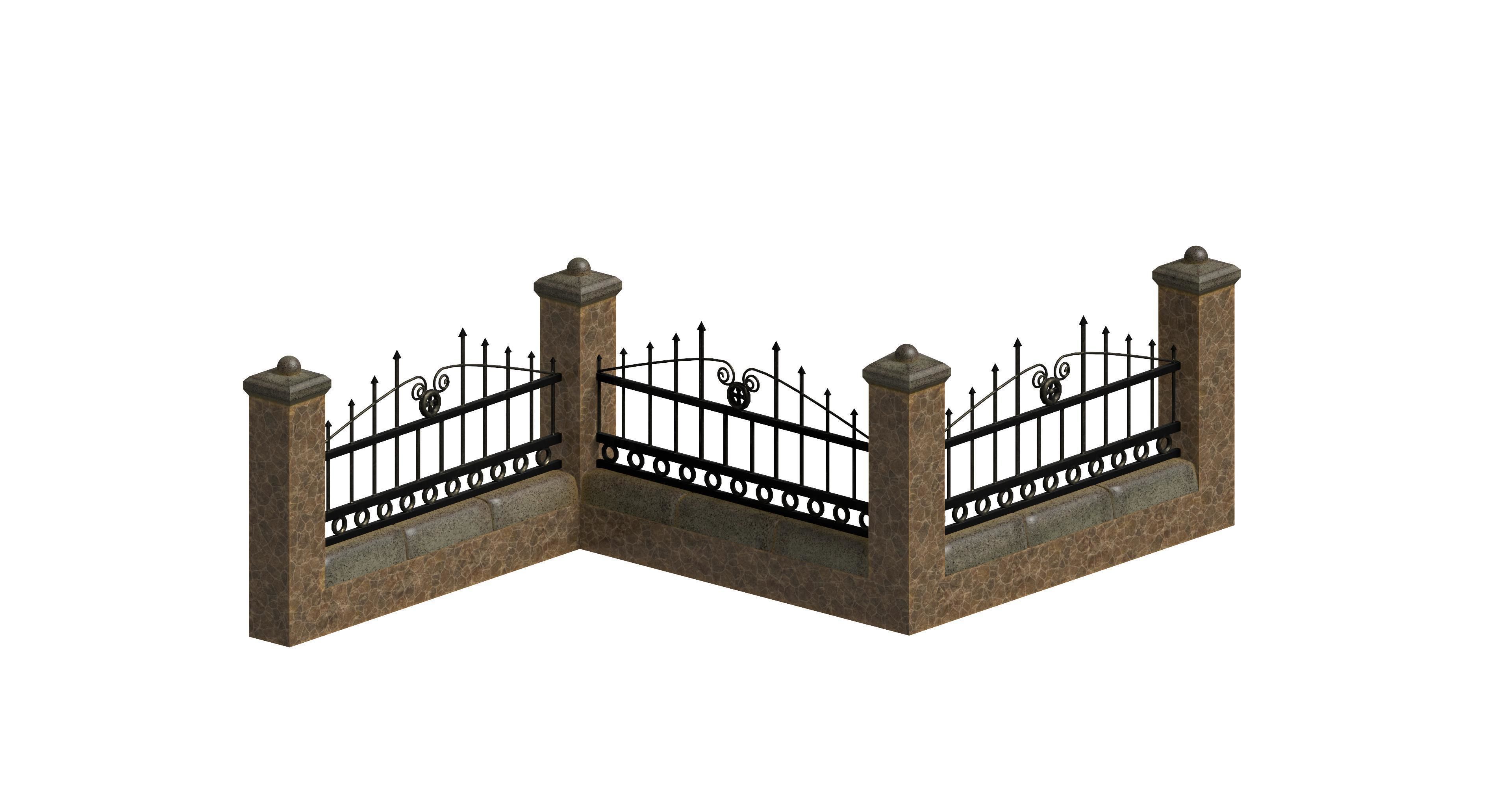 Brick and concrete wall fence set Low-poly 3D model_4
