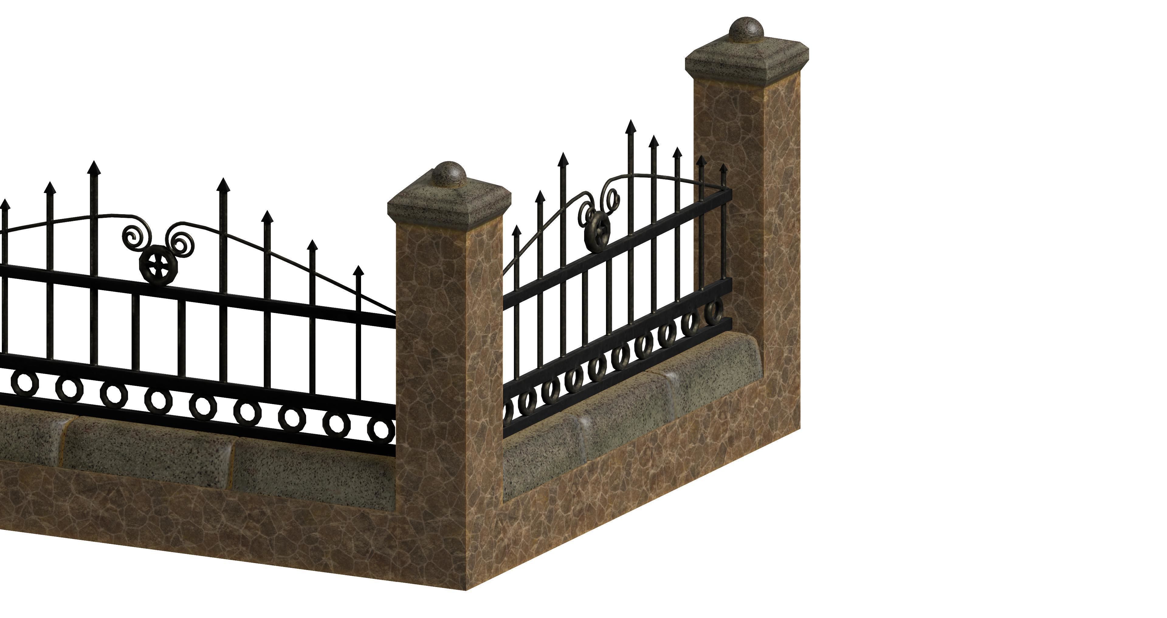 Brick and concrete wall fence set Low-poly 3D model_2