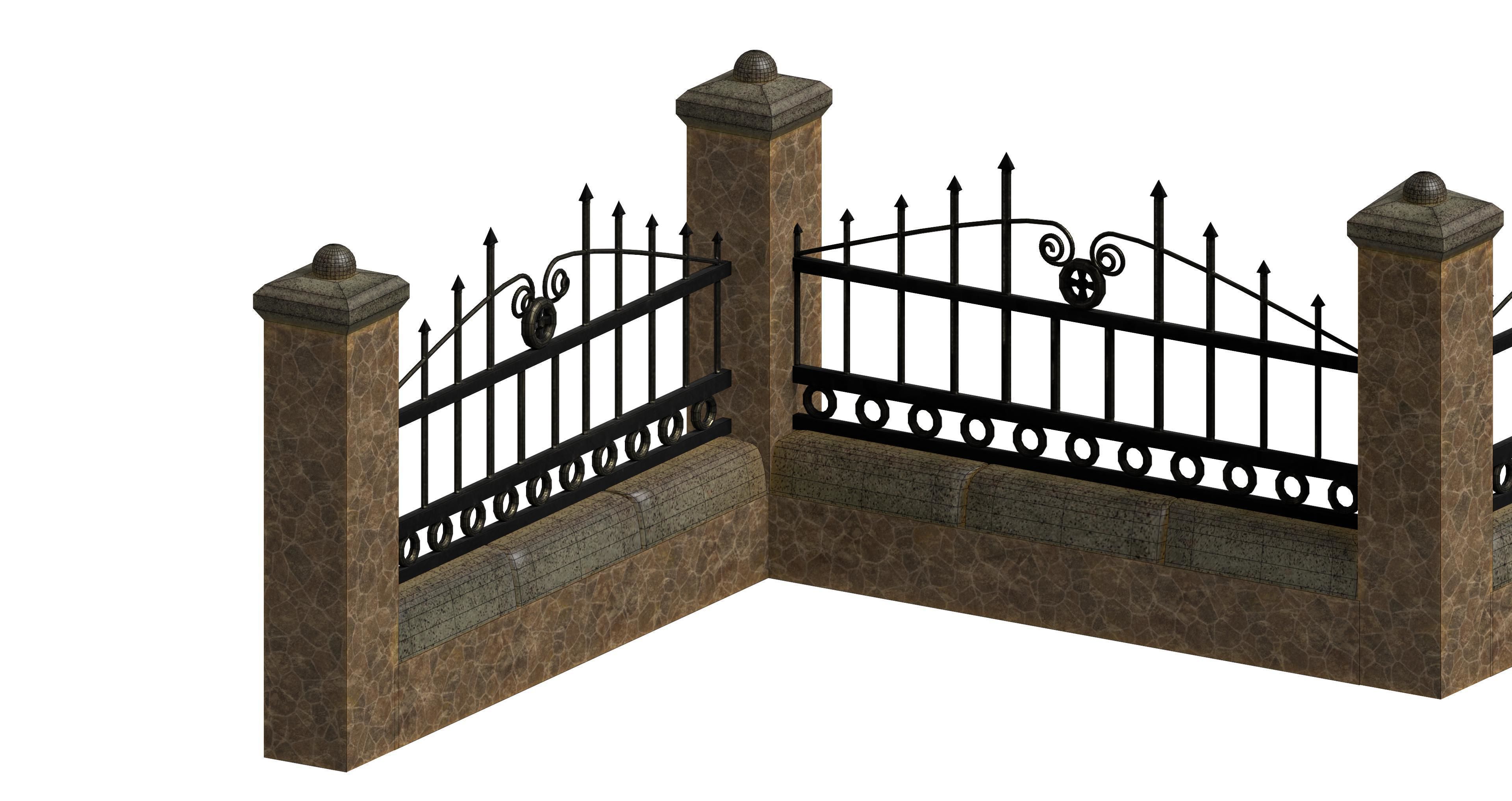 Brick and concrete wall fence set Low-poly 3D model_5