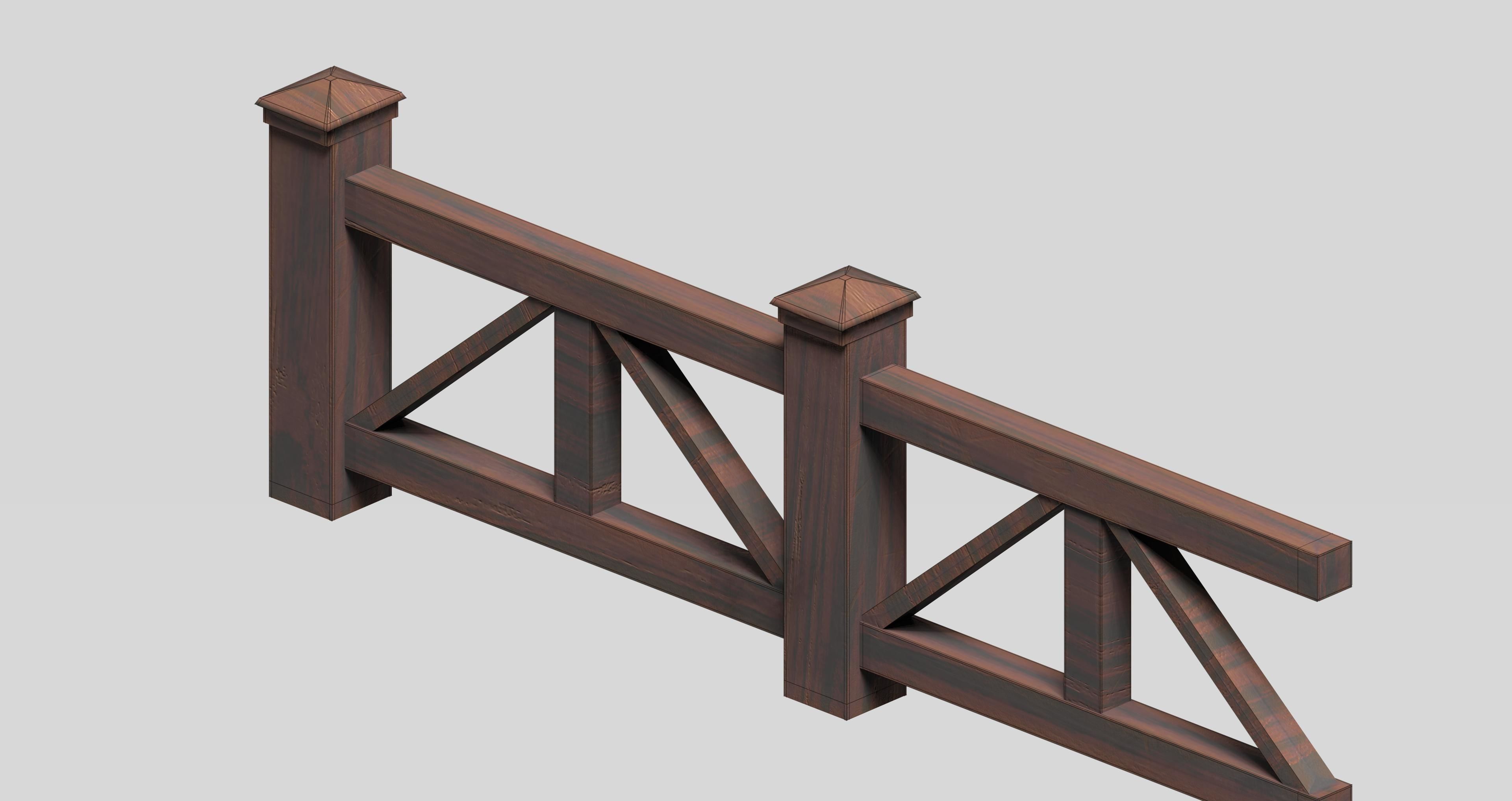 Modular wooden fence set Low-poly 3D model_4