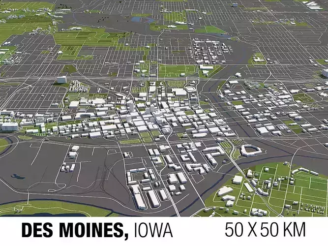 Des Moines Iowa USA 50x50km 3D City Map