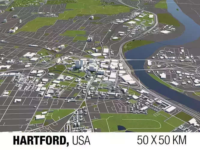 Hartford Connecticut USA 50x50km 3D City Map