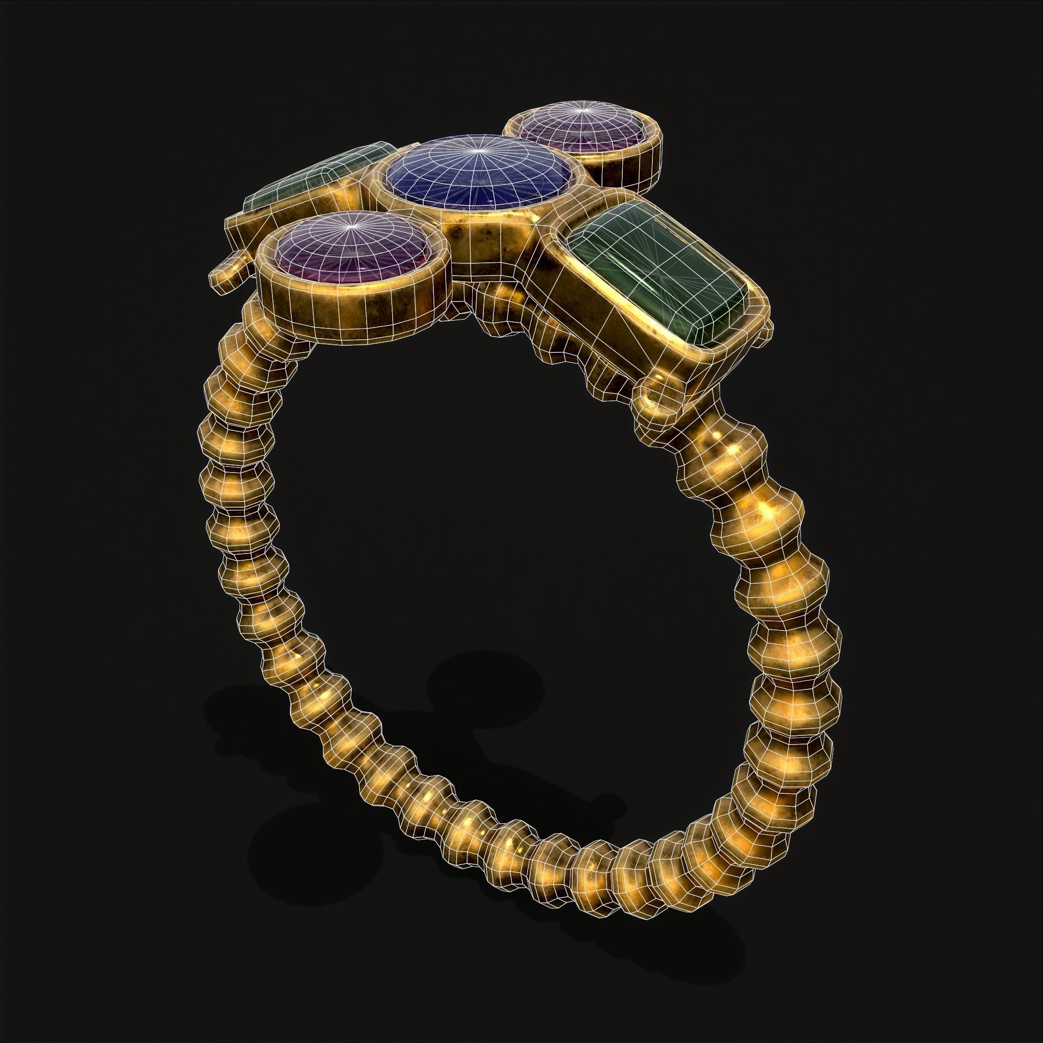Medieval Ribbed Jeweled Golden Ring Low-poly 3D model_18