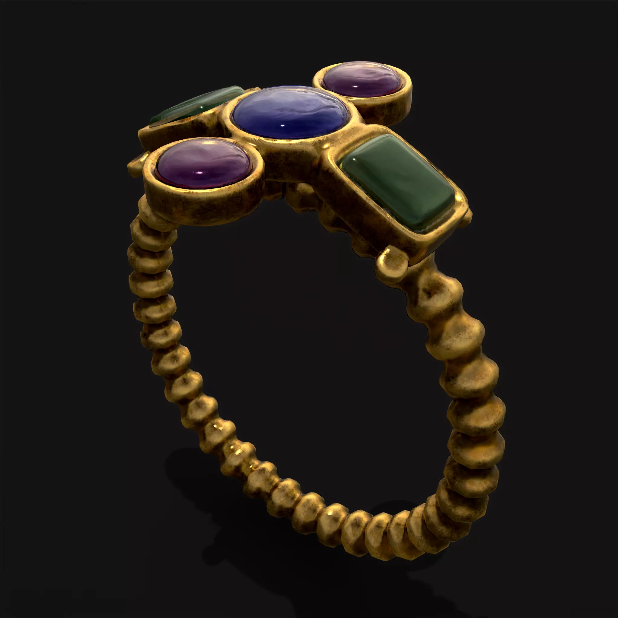Medieval Ribbed Jeweled Golden Ring Low-poly 3D model_0