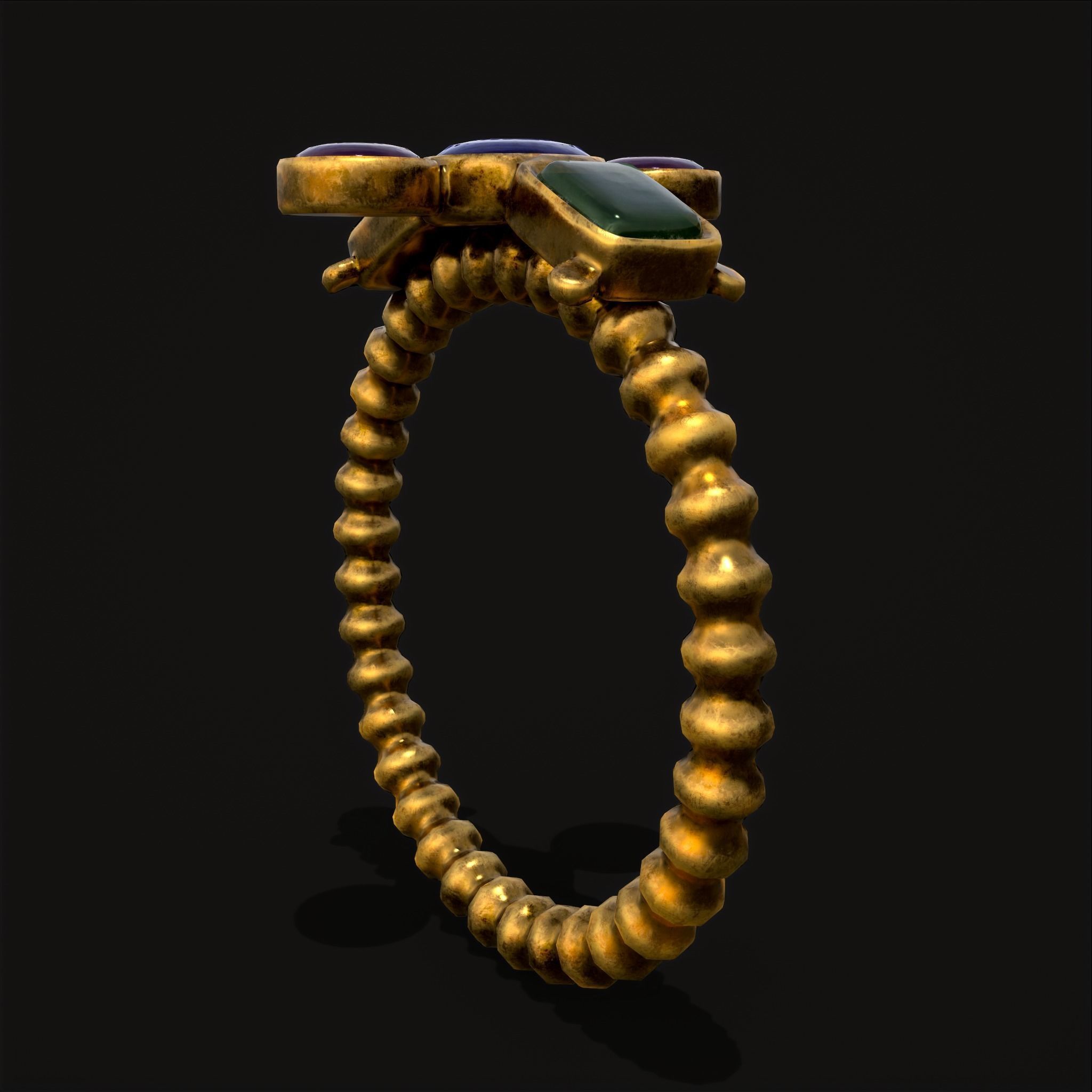 Medieval Ribbed Jeweled Golden Ring Low-poly 3D model_9