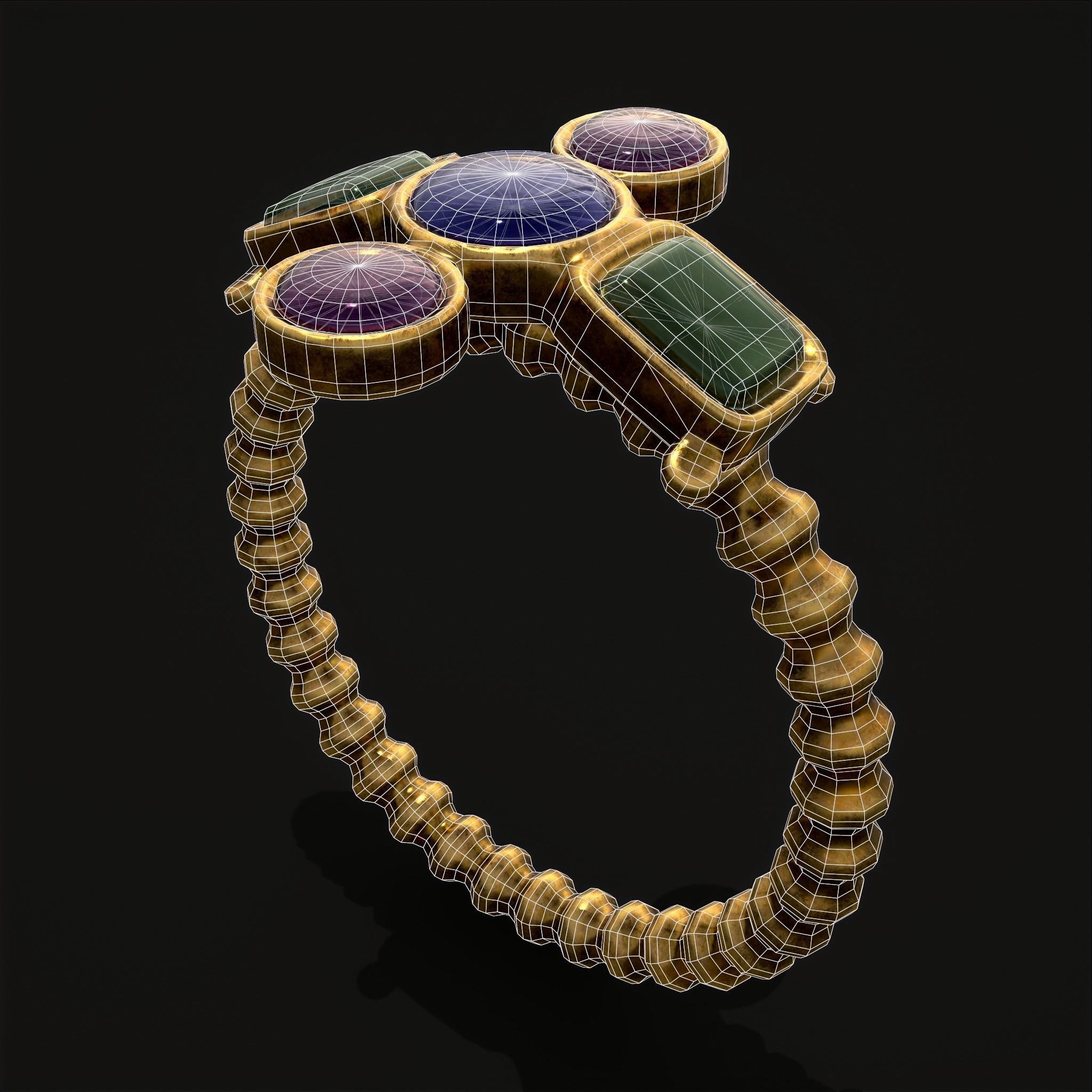 Medieval Ribbed Jeweled Golden Ring Low-poly 3D model_2