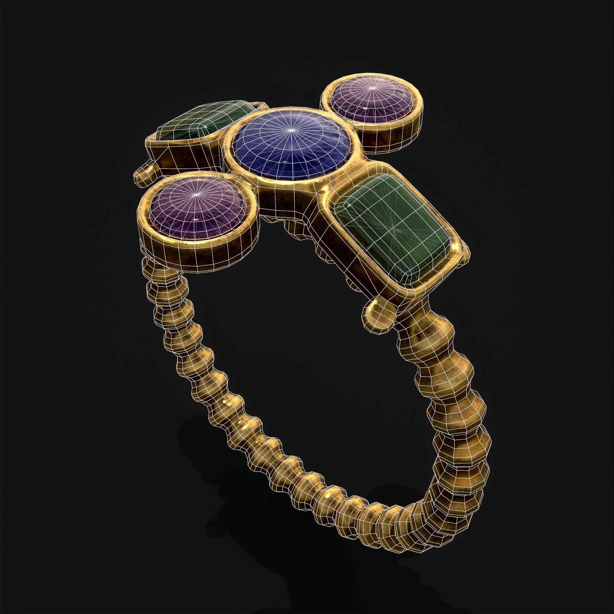 Medieval Ribbed Jeweled Golden Ring Low-poly 3D model_22
