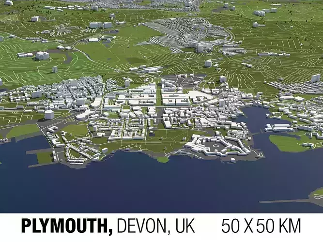 Plymouth UK 50x50km 3D City Map