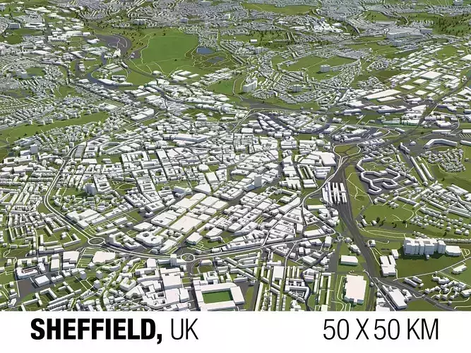 Sheffield UK 50x50km 3D City Map 3D model