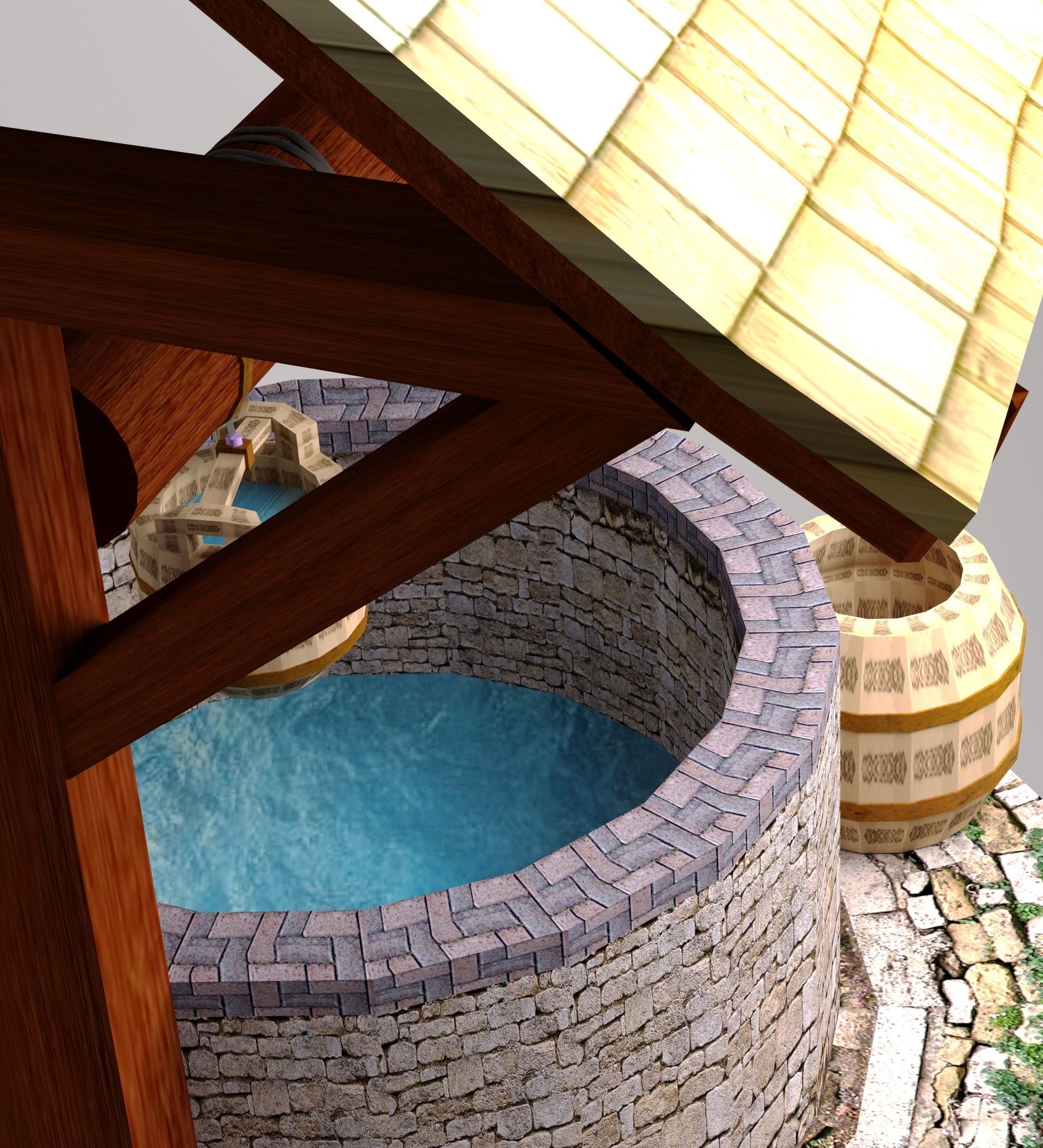 Low poly WELL water fountain with wooden roof Free low-poly 3D model_3
