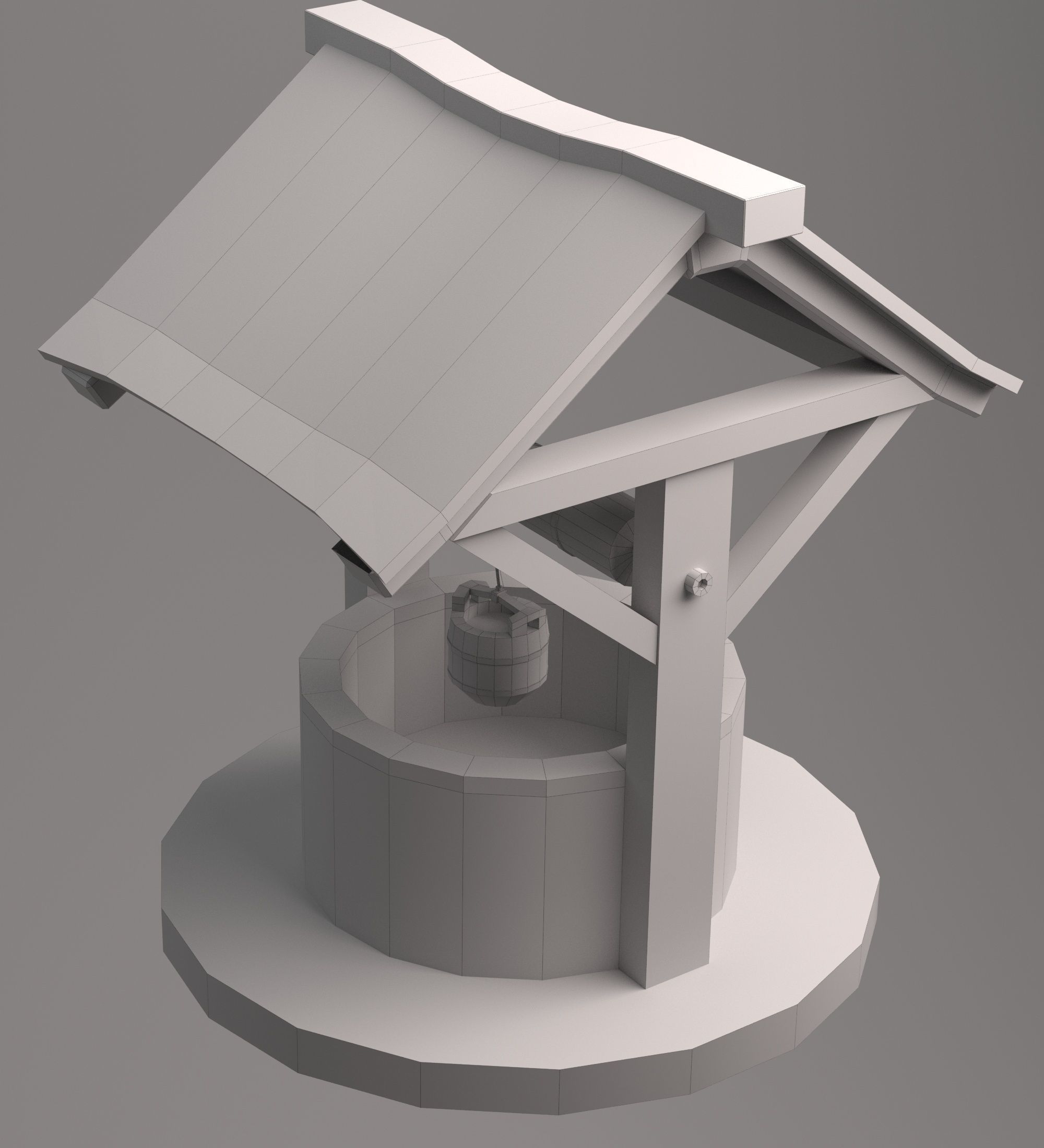 Low poly WELL water fountain with wooden roof Free low-poly 3D model_4