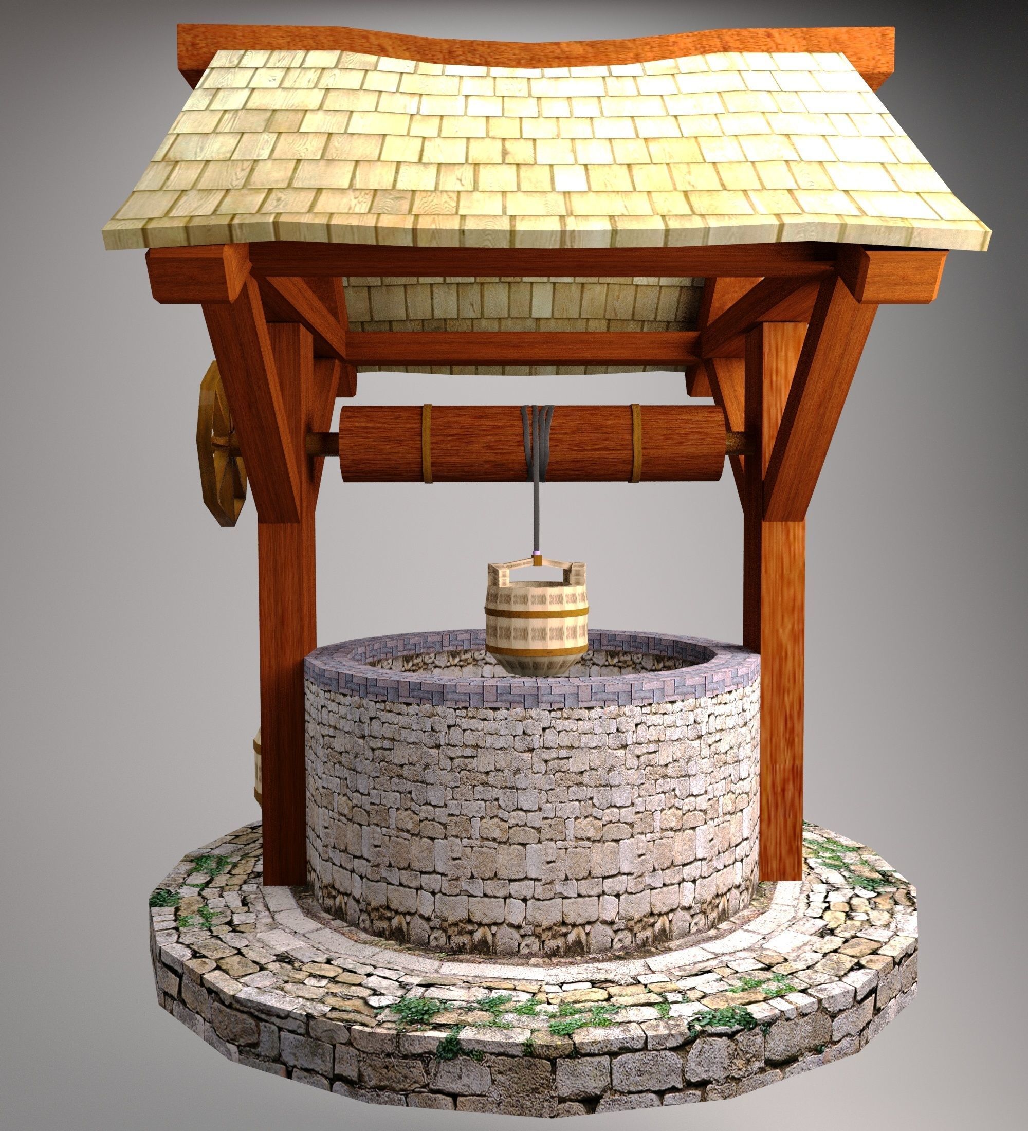 Low poly WELL water fountain with wooden roof Free low-poly 3D model_1