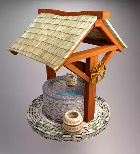 Low poly WELL water fountain with wooden roof