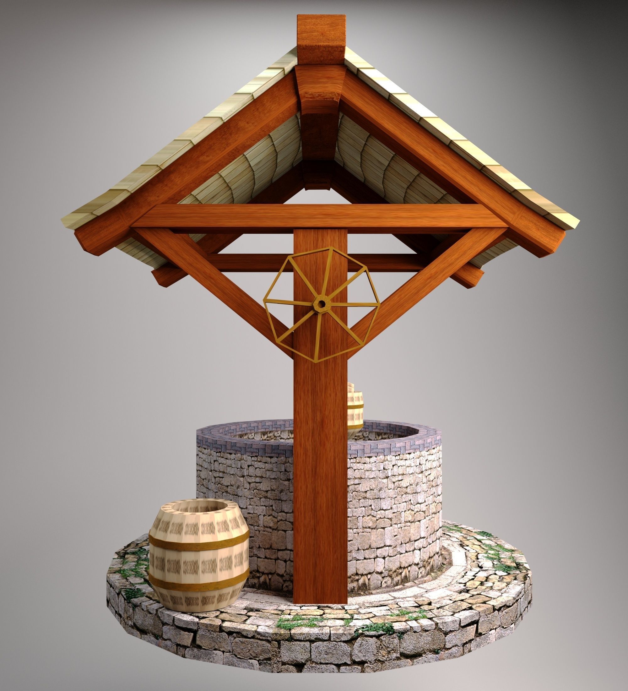 Low poly WELL water fountain with wooden roof Free low-poly 3D model_2