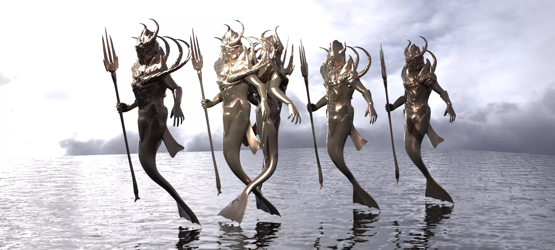 Low poly Merman statue collection  3D model_0