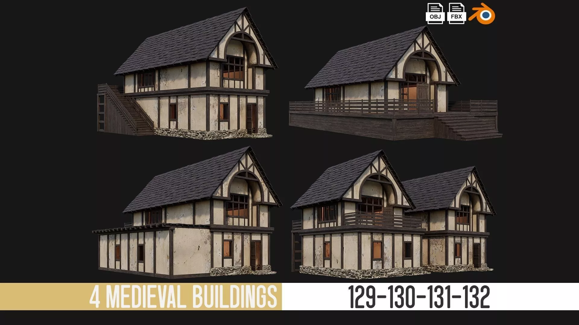 4 Old Medieval Houses Pack 4K Textures GameReady 129 to 132 Low-poly 3D model