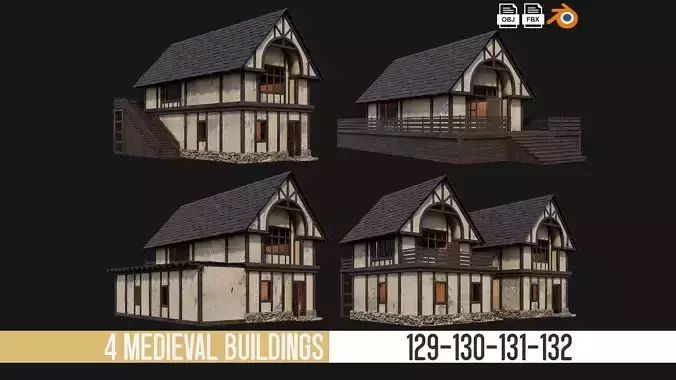 4 Old Medieval Houses Pack 4K Textures GameReady 129 to 132 Low-poly 3D model