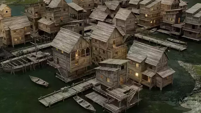 Pirate town Low-poly 3D model