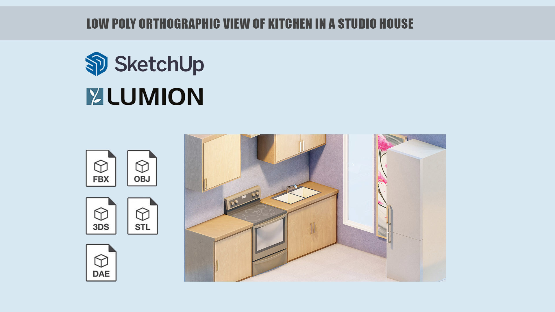 Low poly orthographic view of kitchen in a studio house Low-poly 3D model_4
