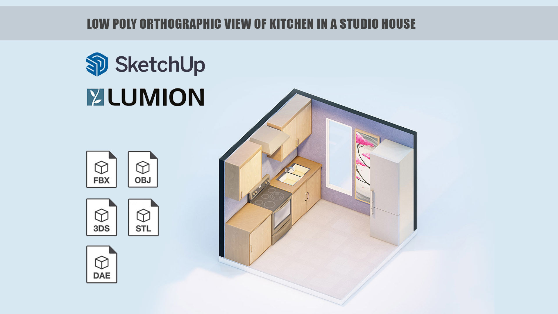 Low poly orthographic view of kitchen in a studio house Low-poly 3D model_3