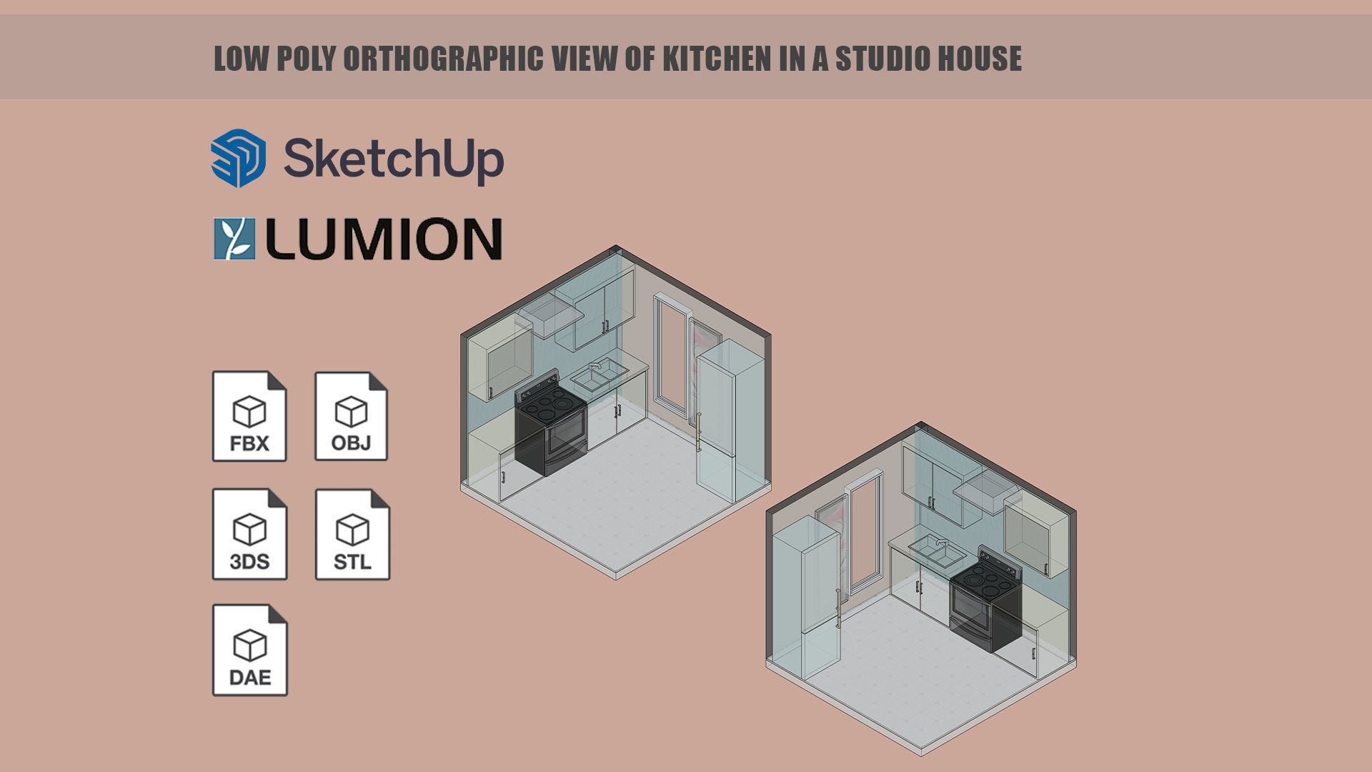 Low poly orthographic view of kitchen in a studio house Low-poly 3D model_6