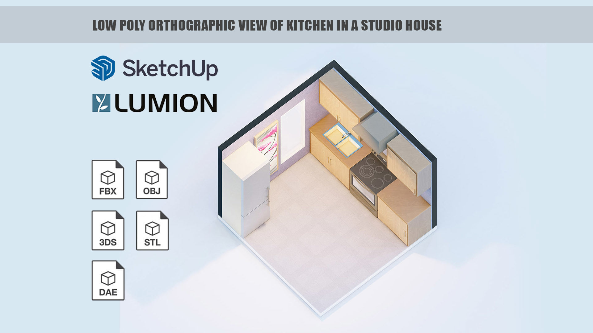 Low poly orthographic view of kitchen in a studio house Low-poly 3D model_2