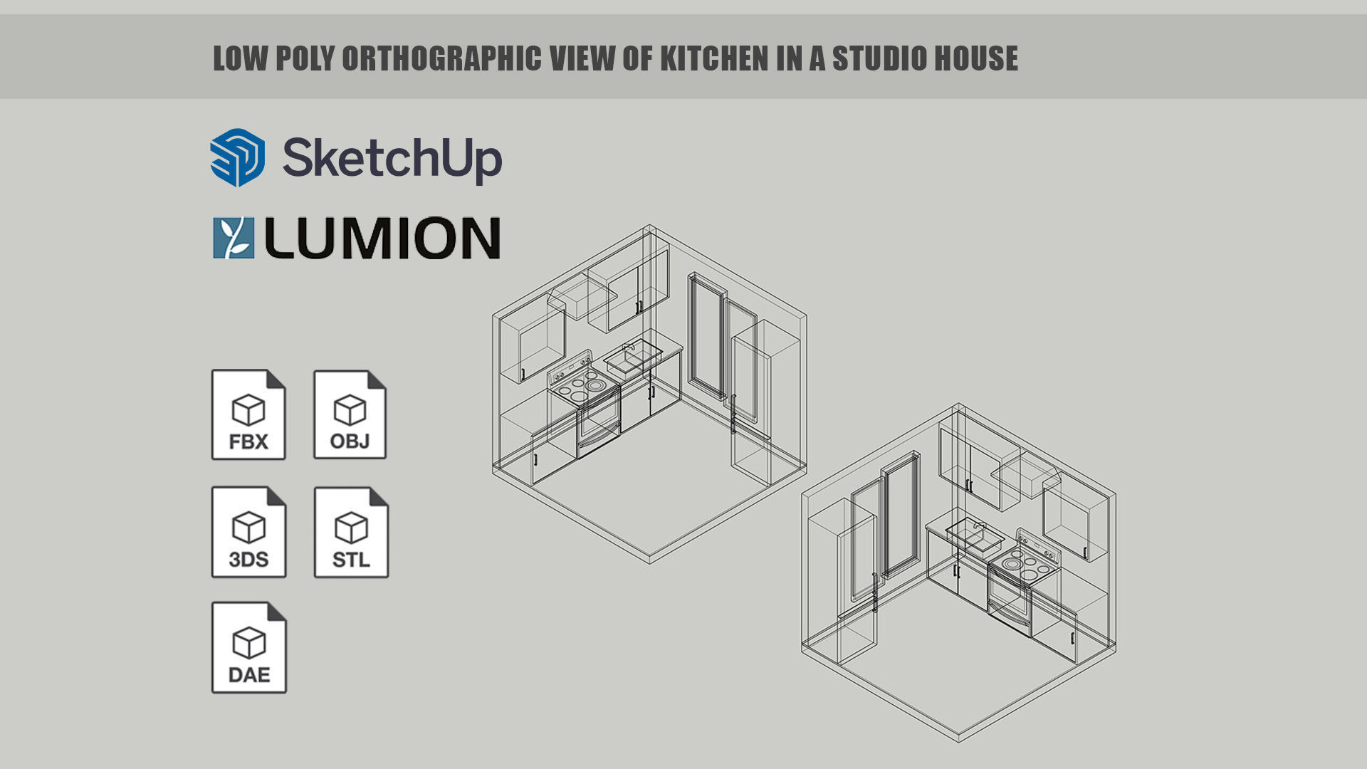 Low poly orthographic view of kitchen in a studio house Low-poly 3D model_5