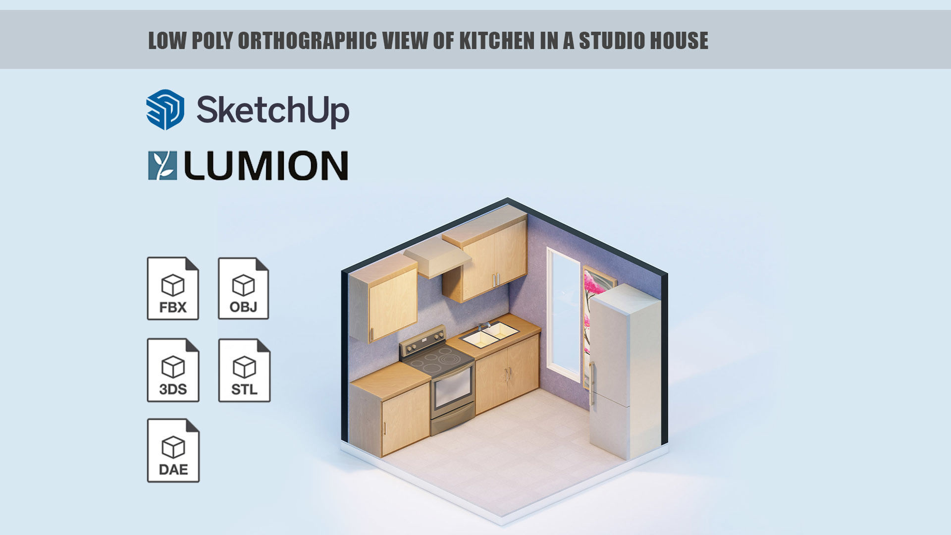 Low poly orthographic view of kitchen in a studio house Low-poly 3D model_1