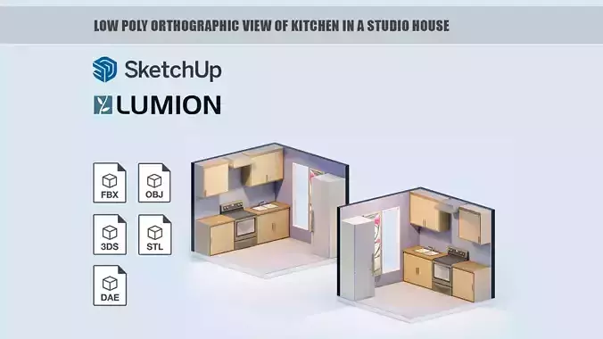 Low poly orthographic view of kitchen in a studio house Low-poly 3D model
