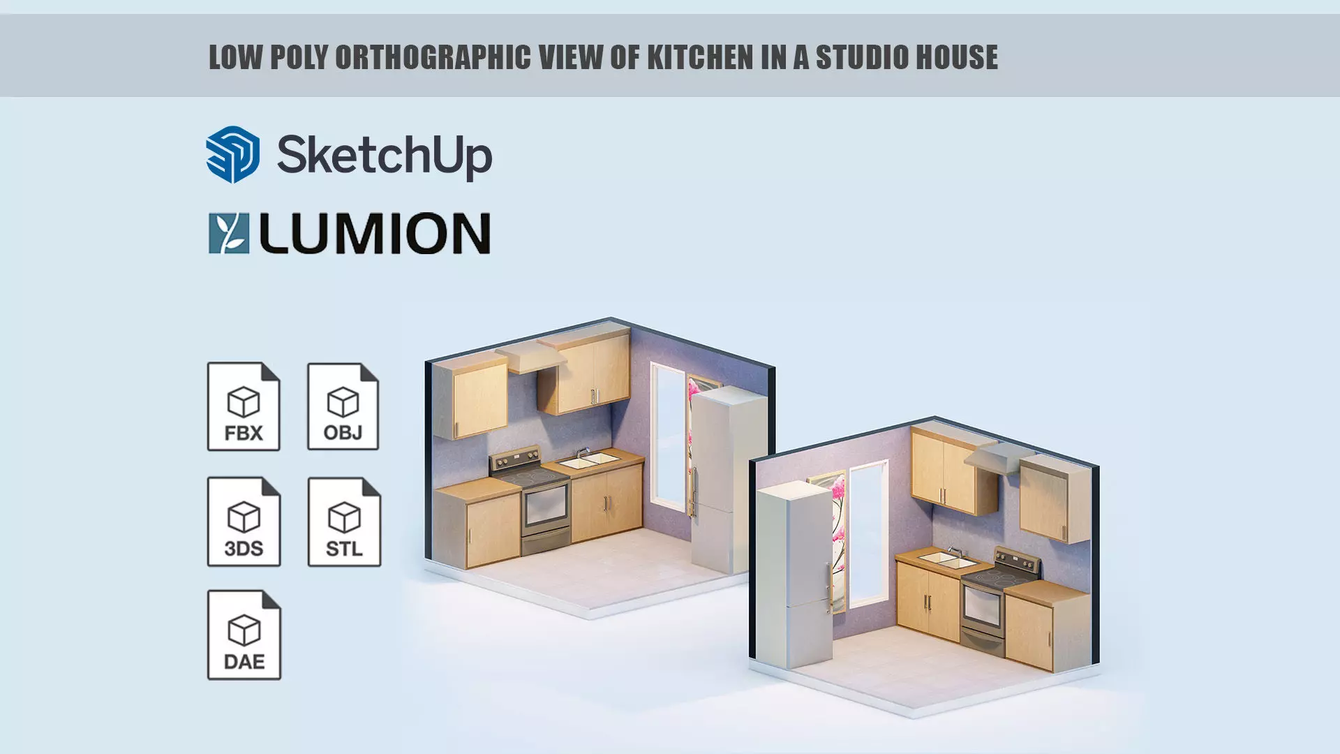 Low poly orthographic view of kitchen in a studio house Low-poly 3D model_0