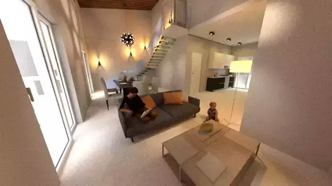 Apartments living room with stairs and couch Free 3D model