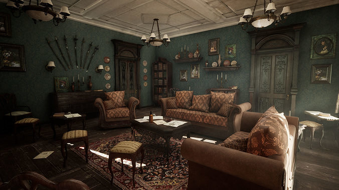 Victorian Living Room Low-poly 3D model 3