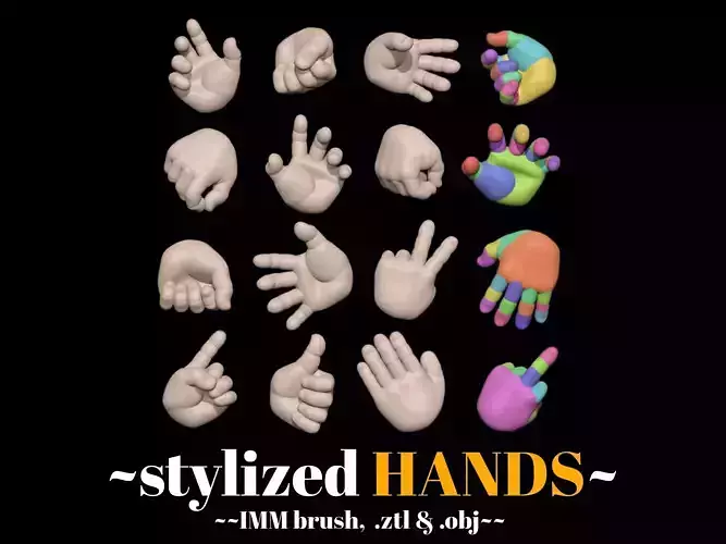 Stylized hands basemesh pack of 16 and IMM brush and obj files