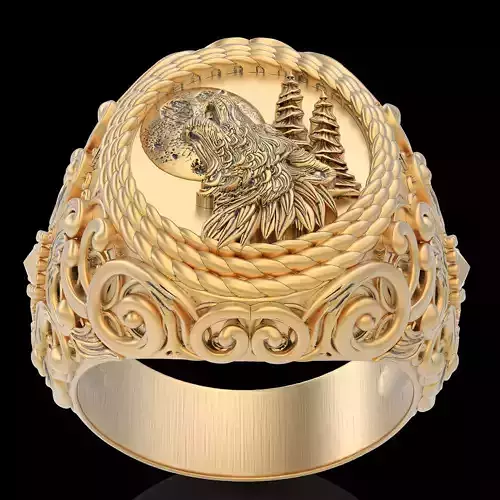 Wolf and moon ring gold silver printable jewelry 3D model