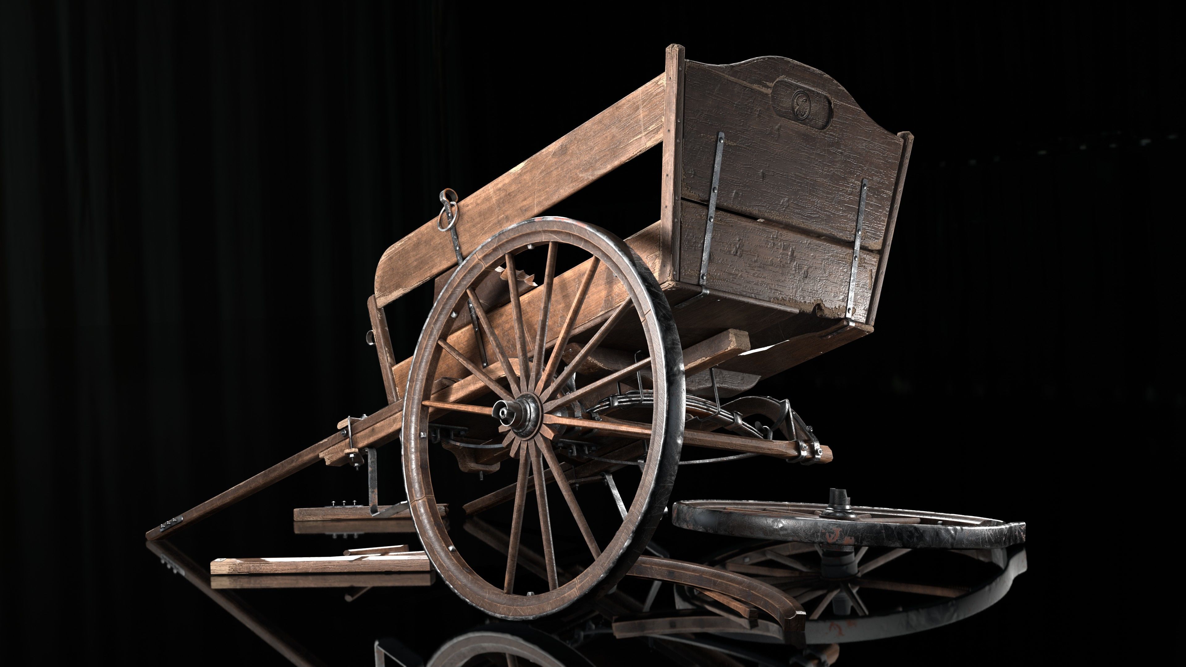 wooden cart  Low-poly 3D model_1
