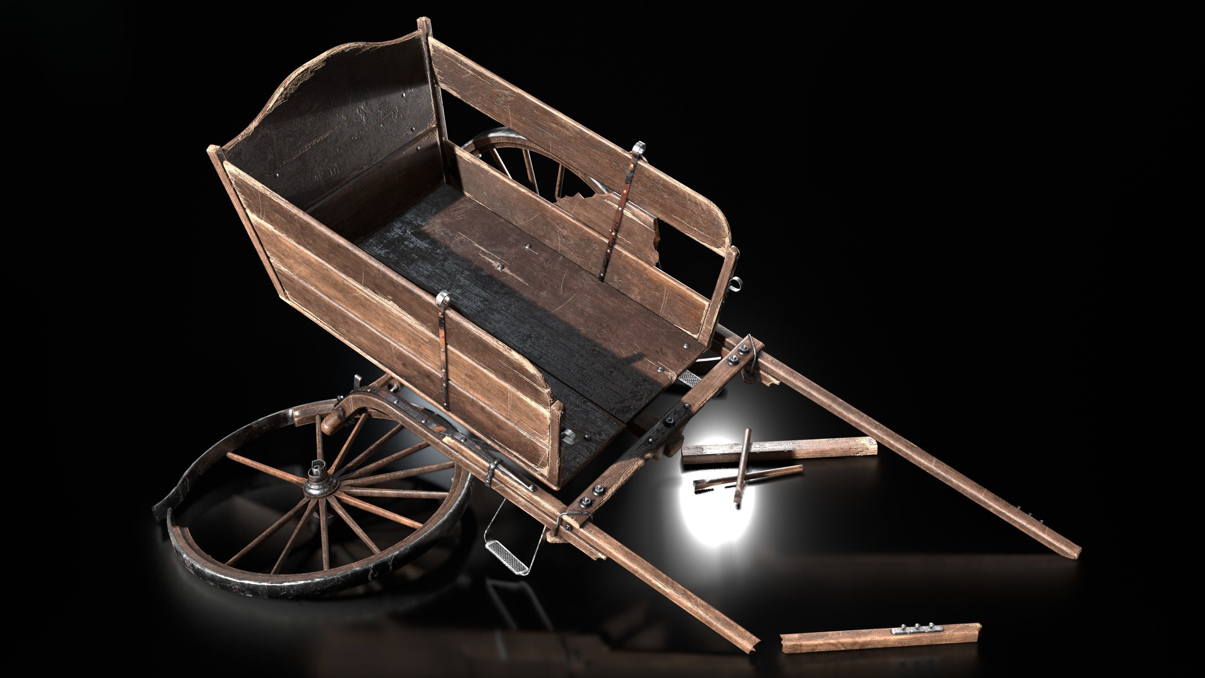wooden cart  Low-poly 3D model_3