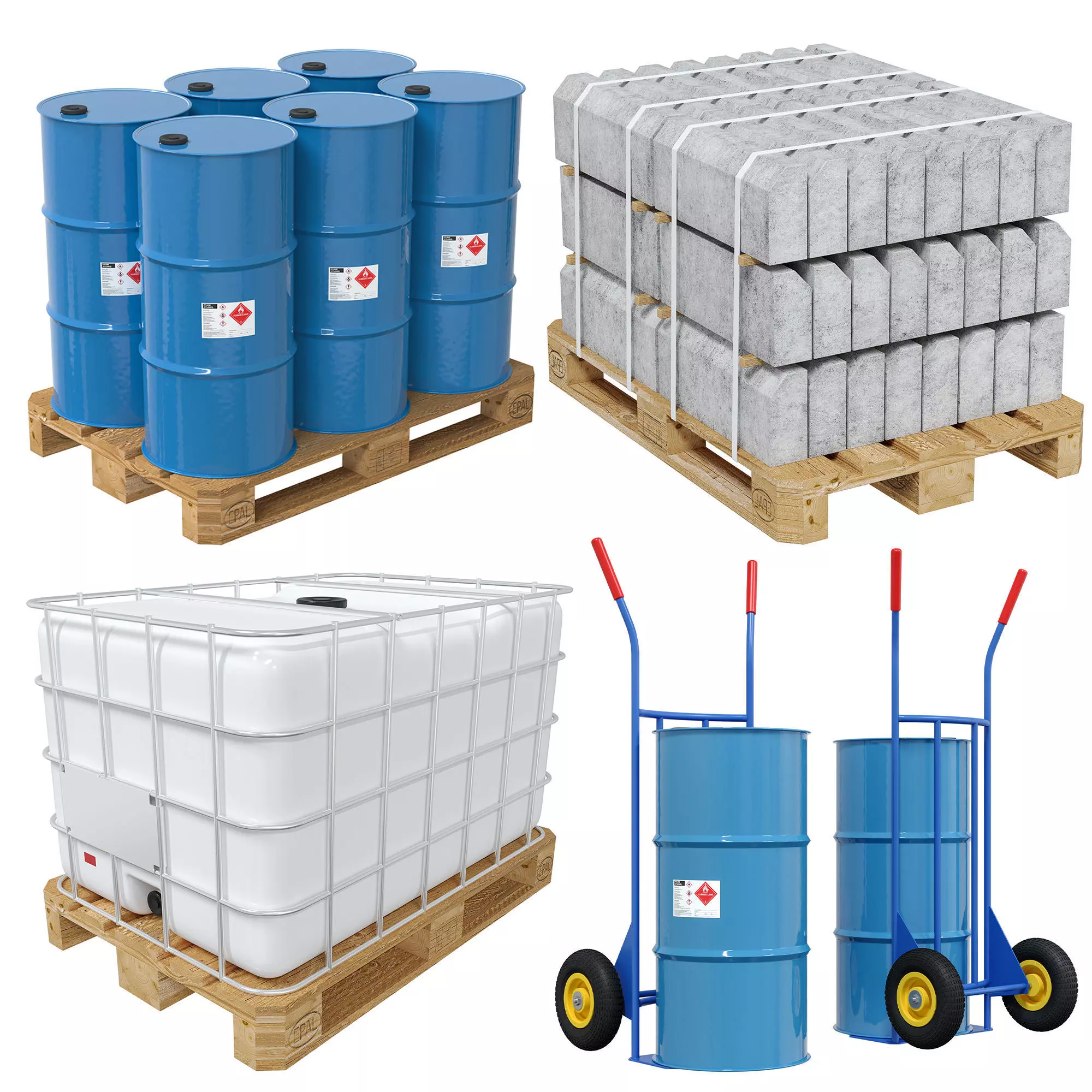 A set of pallets with different cargo and a trolley 3D model_0