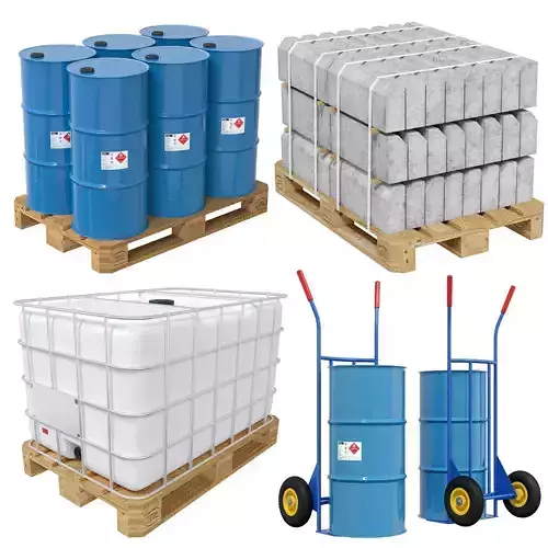 A set of pallets with different cargo and a trolley 3D model