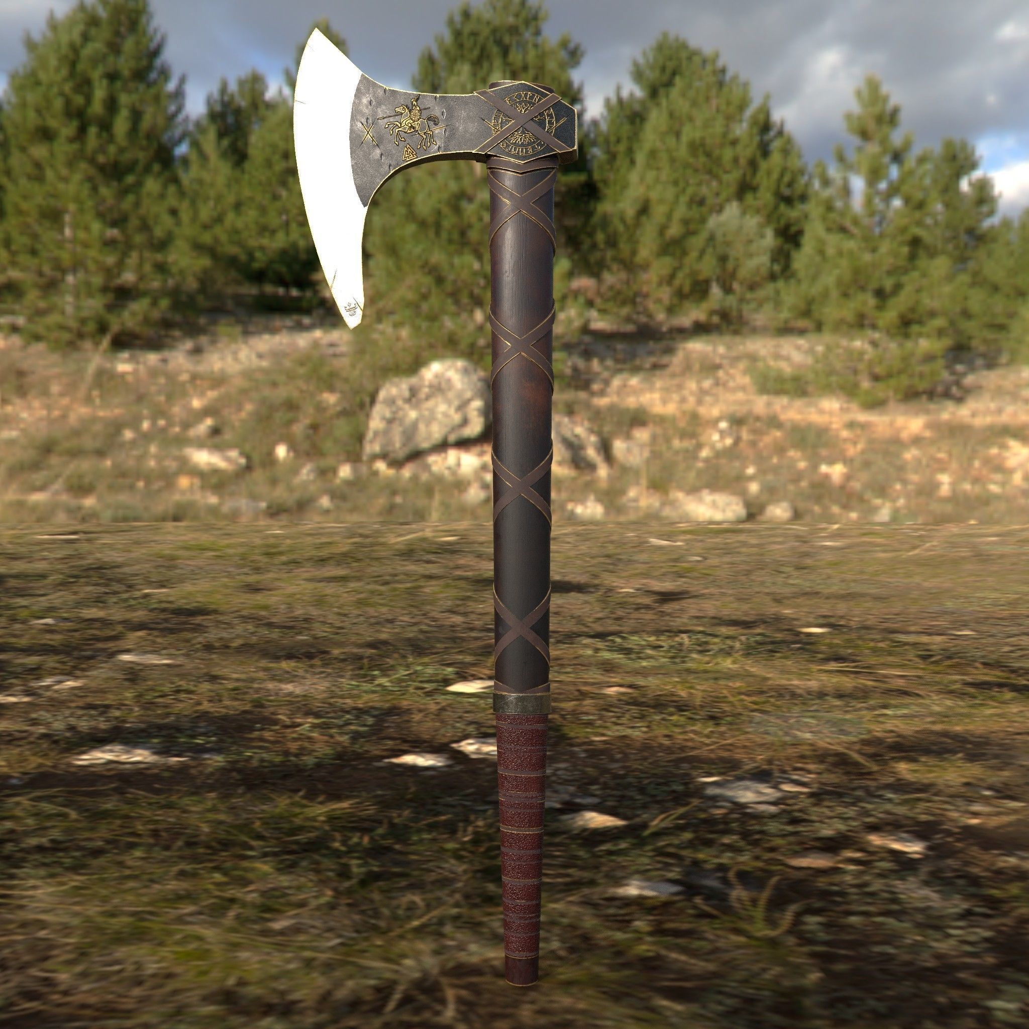 Nordic Gold - Silver  Axe  Low-poly 3D model_9