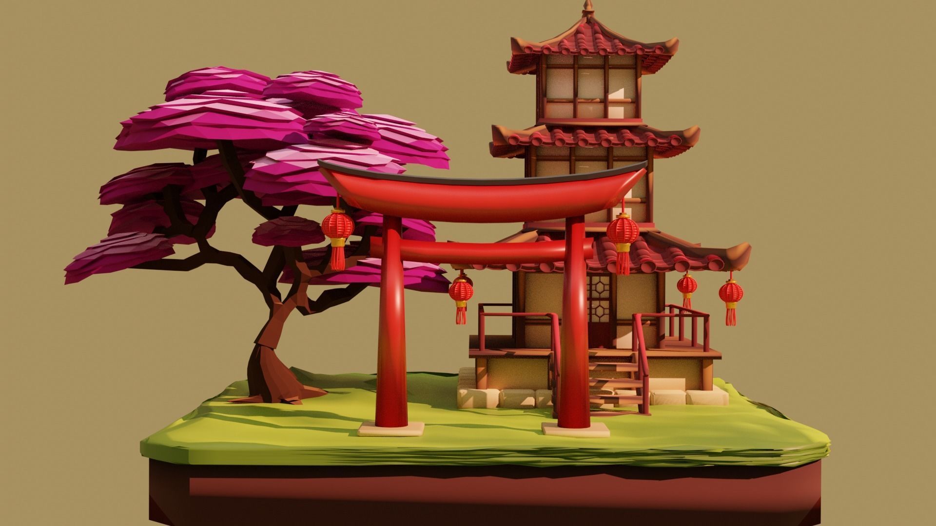 Pagoda  Japanese Temple Low-poly 3D model_1