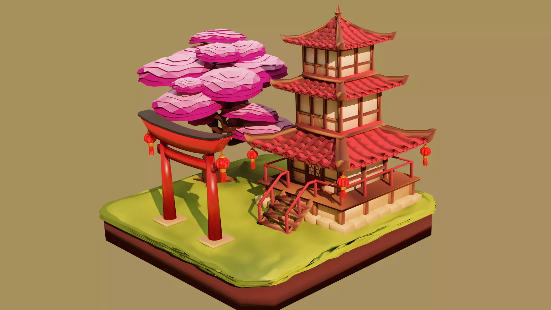 Pagoda  Japanese Temple Low-poly 3D model_0