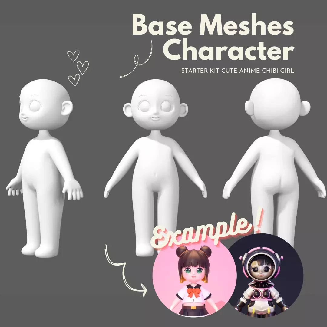 Base Meshes Character Starter Kit Cute Anime Chibi Girl Low-poly 3D model_0