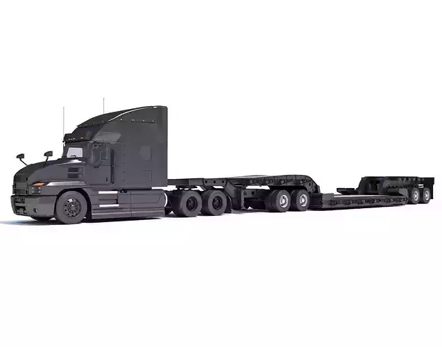 Truck with Lowboy Trailer 3D model