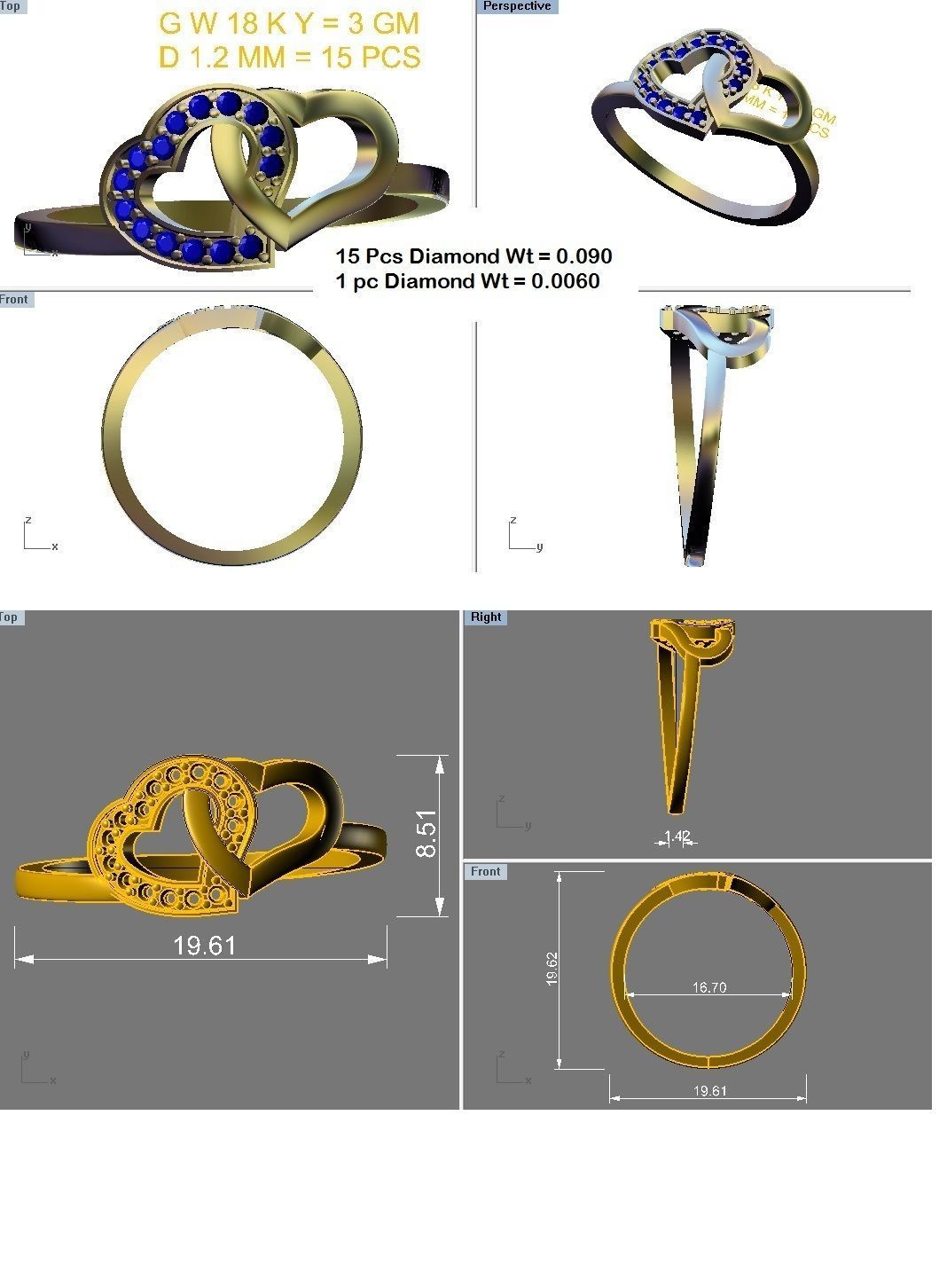 Ring - 2 2 two hearts gold with diamonds 3D print model_4