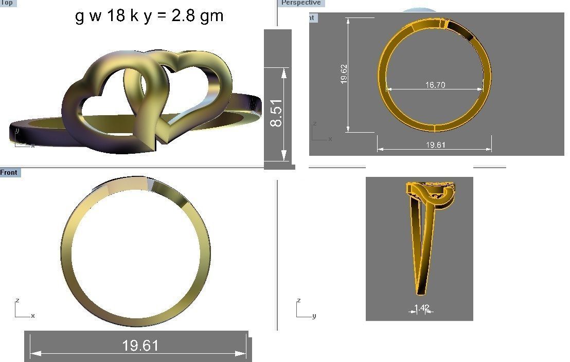 Ring - 2 1 two heart gold and gold 3D print model_4