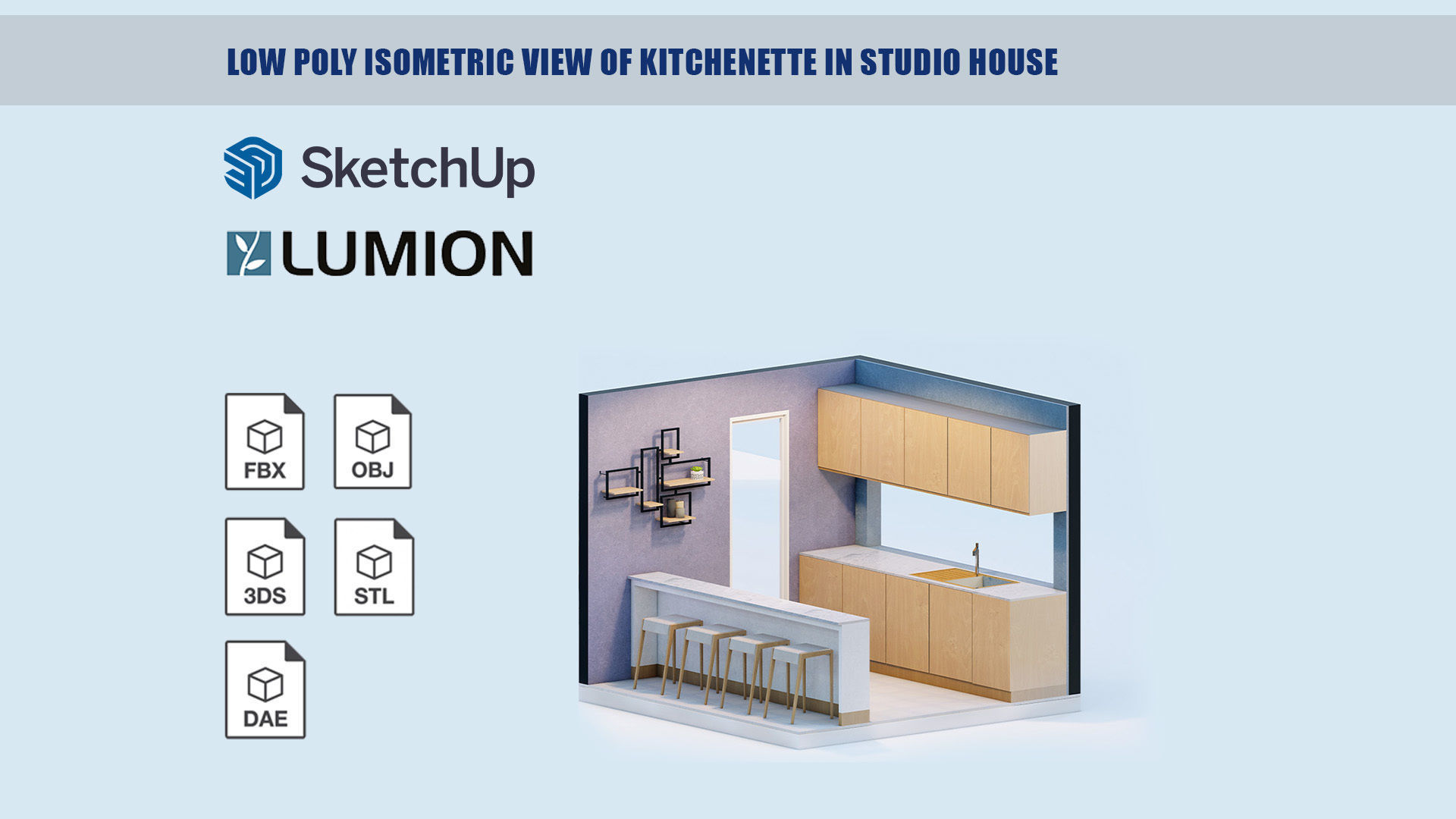 Low poly isometric view of kitchenette in studio house Low-poly 3D model_1