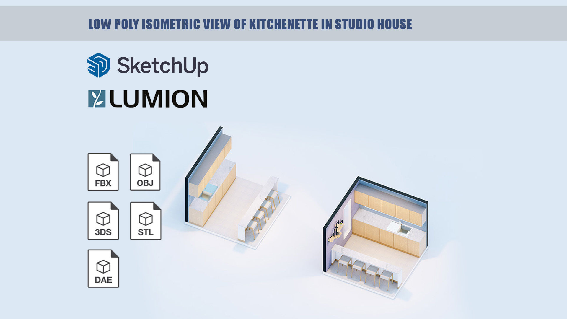 Low poly isometric view of kitchenette in studio house Low-poly 3D model_5