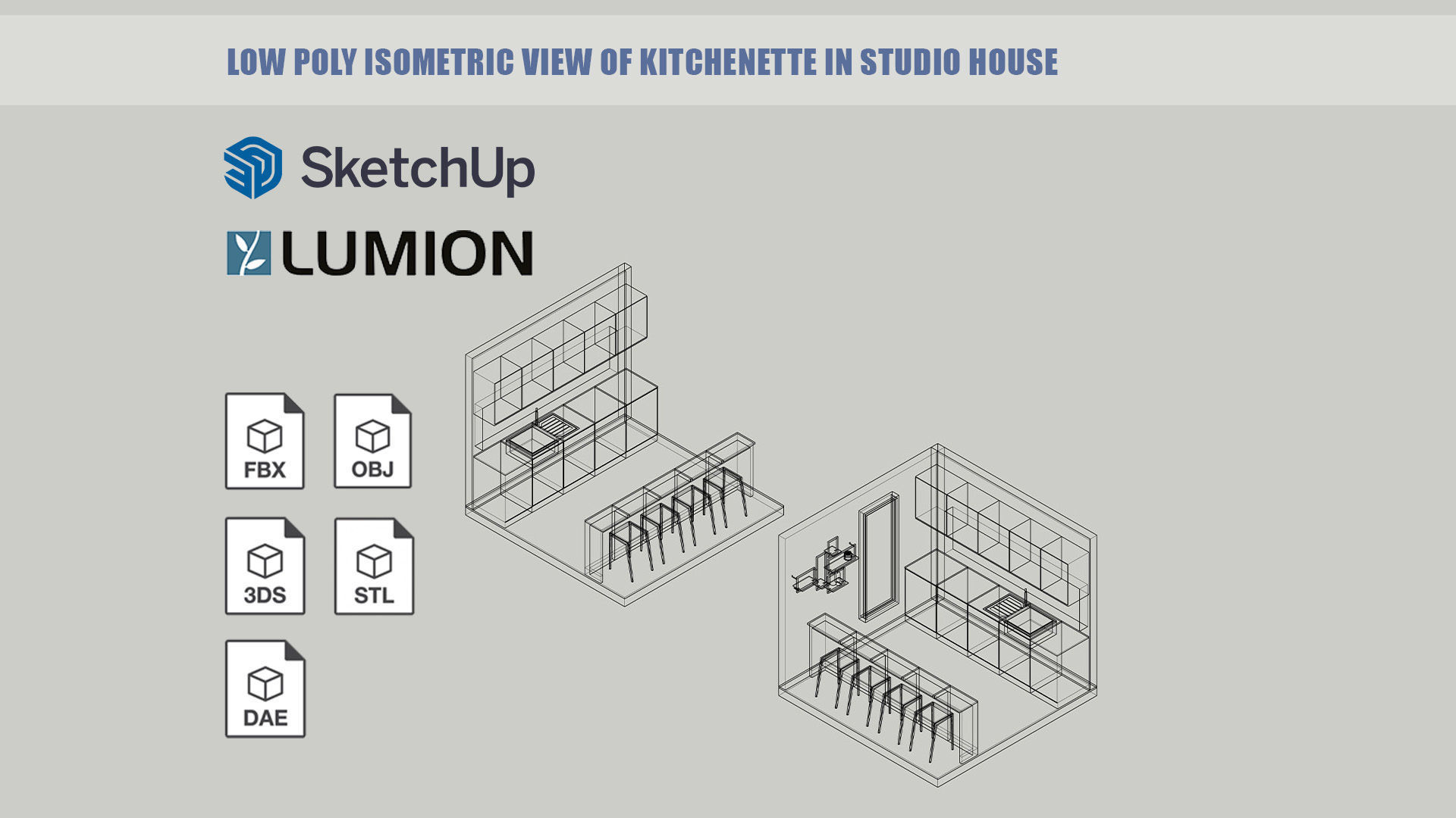Low poly isometric view of kitchenette in studio house Low-poly 3D model_7