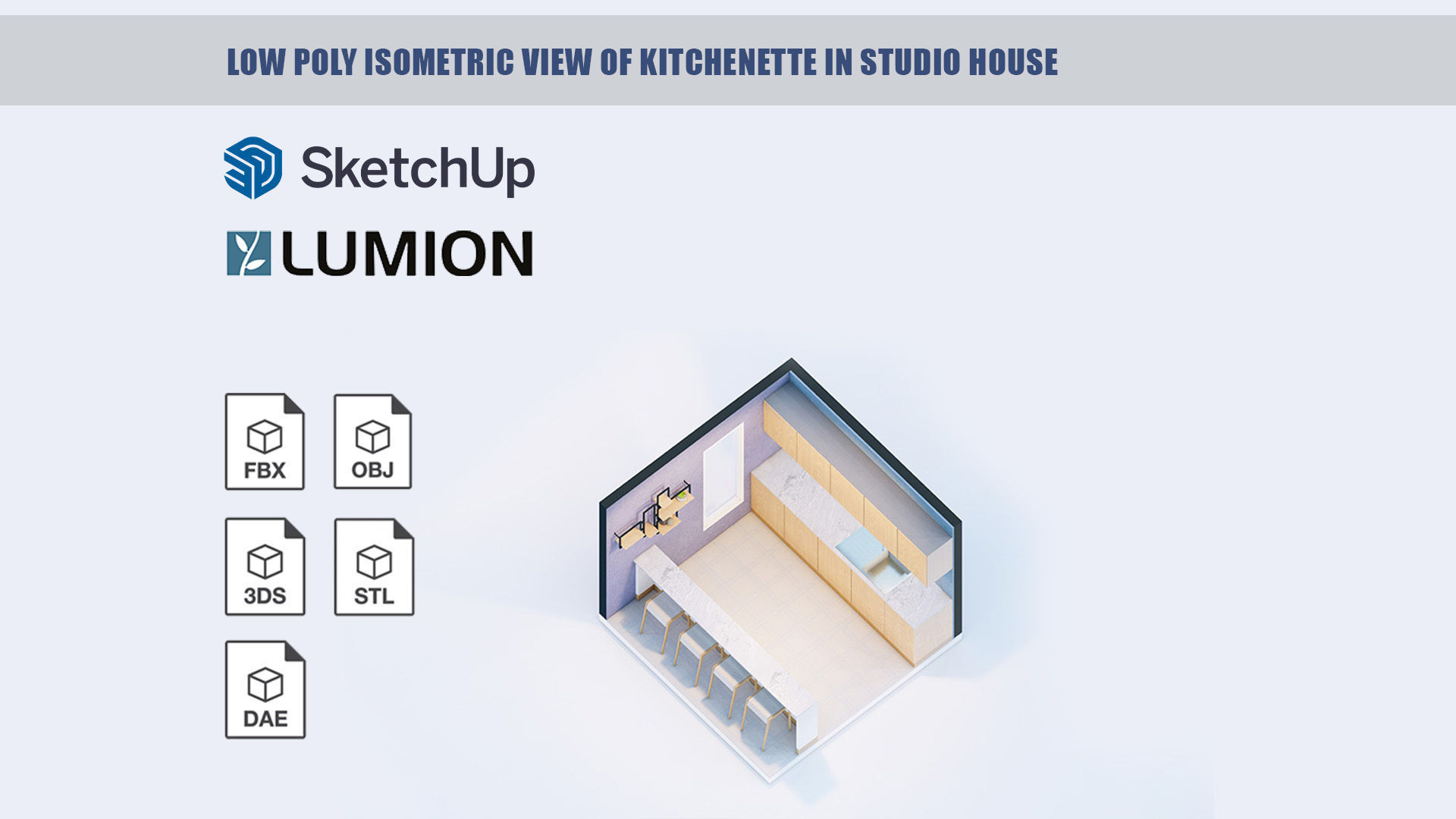 Low poly isometric view of kitchenette in studio house Low-poly 3D model_3